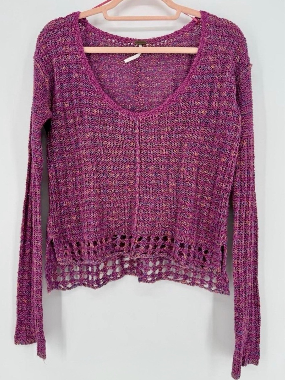 Free People Raspberry-Purple Scoop Neck Crochet Hem Sweater
